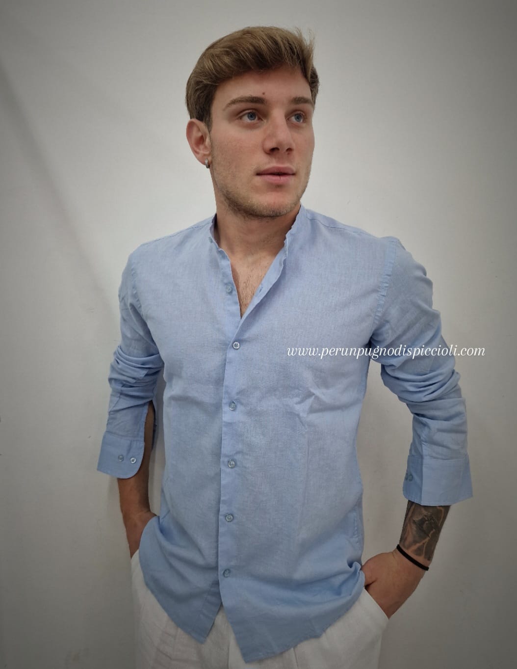 Camicia in lino e cotone collo coreano Emporio